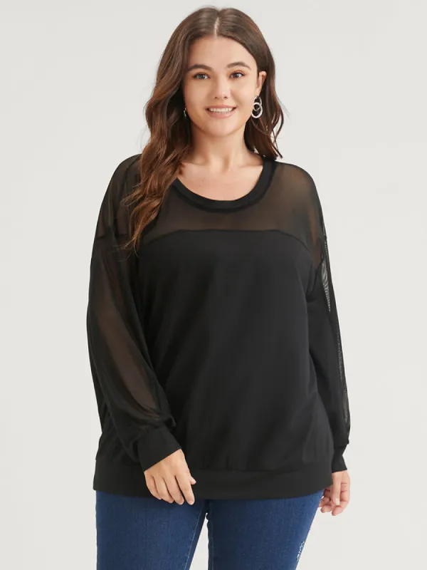 Solid Round Neck Mesh Patchwork Drop Shoulder Sweatshirt sold by Bloomchic