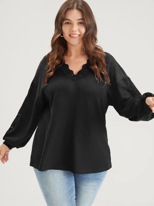 Solid Lantern Sleeve Cut Out Contrast Lace Sweatshirt sold by Bloomchic