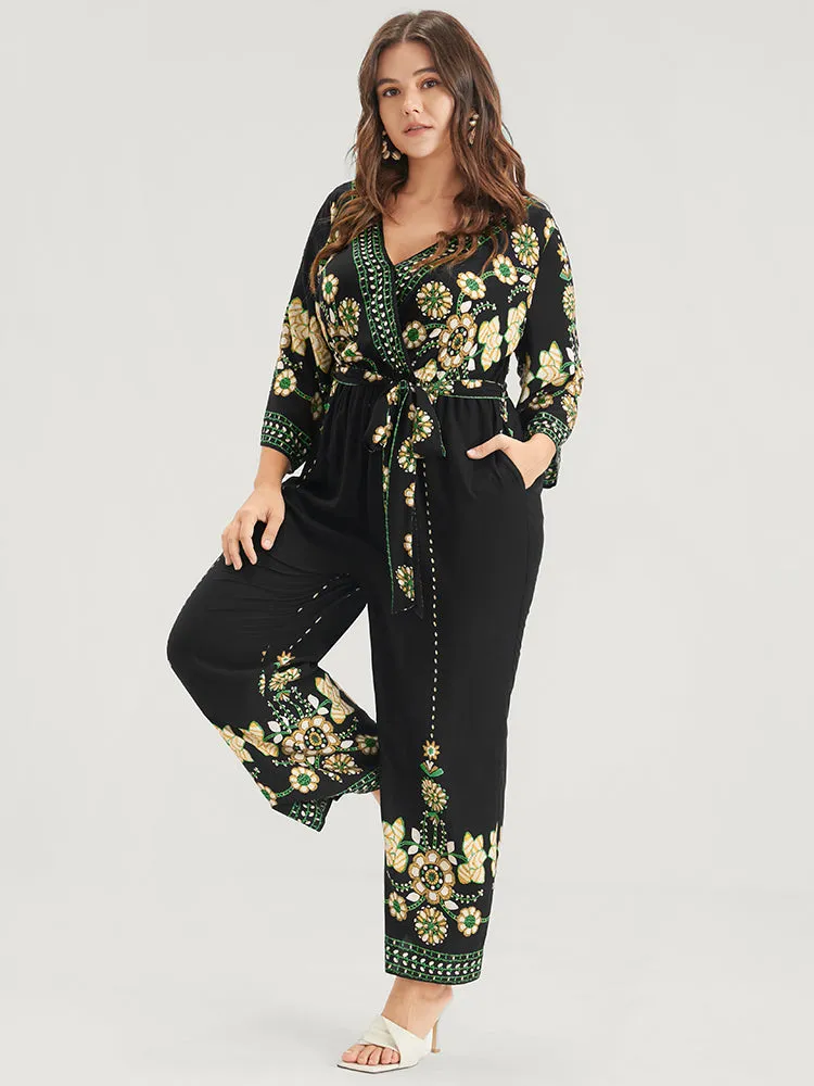 Random Floral Print Elastic Waist Pocket Belted Wrap Jumpsuit sold by Bloomchic product image thumbnail 3