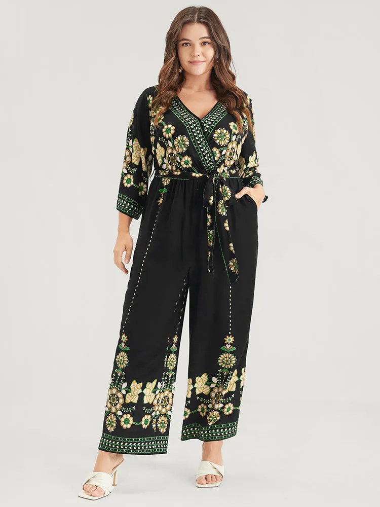 Random Floral Print Elastic Waist Pocket Belted Wrap Jumpsuit sold by Bloomchic