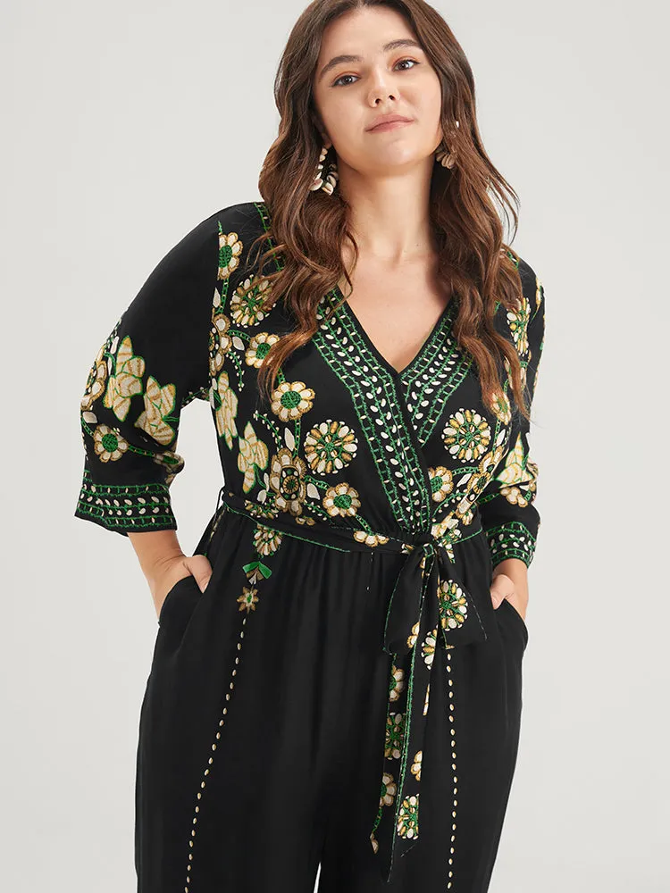 Random Floral Print Elastic Waist Pocket Belted Wrap Jumpsuit sold by Bloomchic product image thumbnail 4