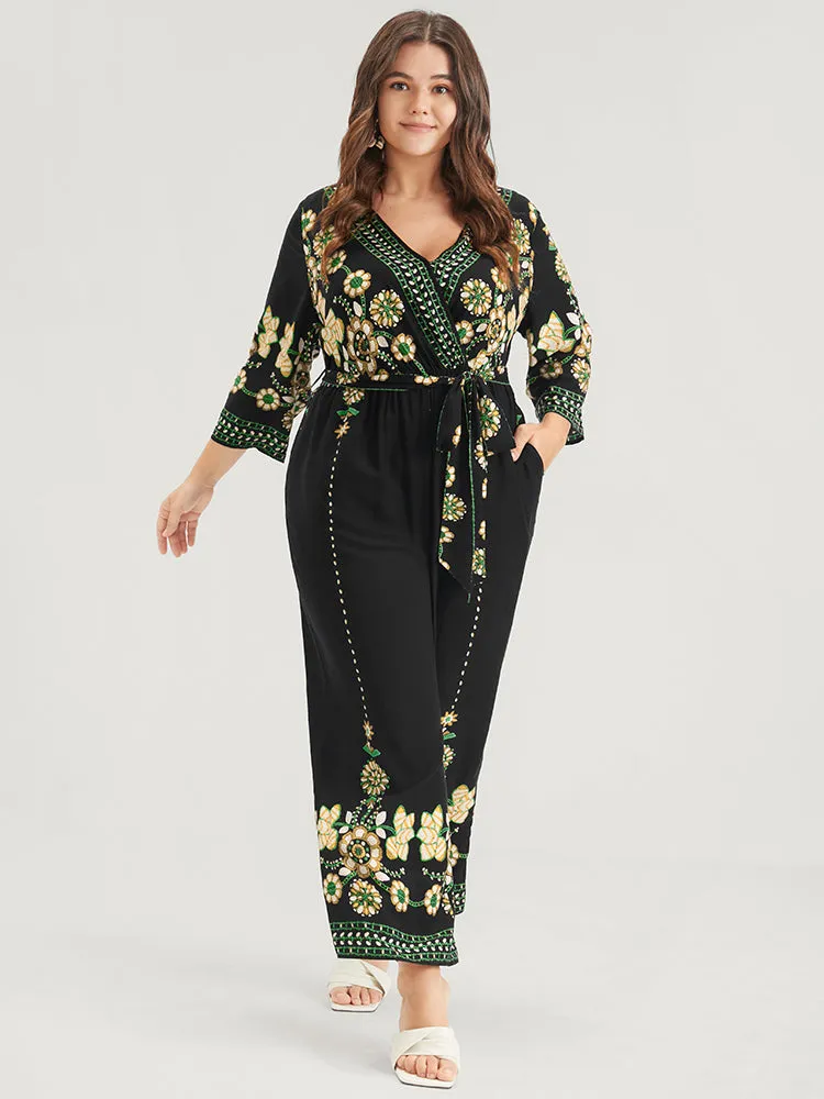 Random Floral Print Elastic Waist Pocket Belted Wrap Jumpsuit sold by Bloomchic product image thumbnail 2