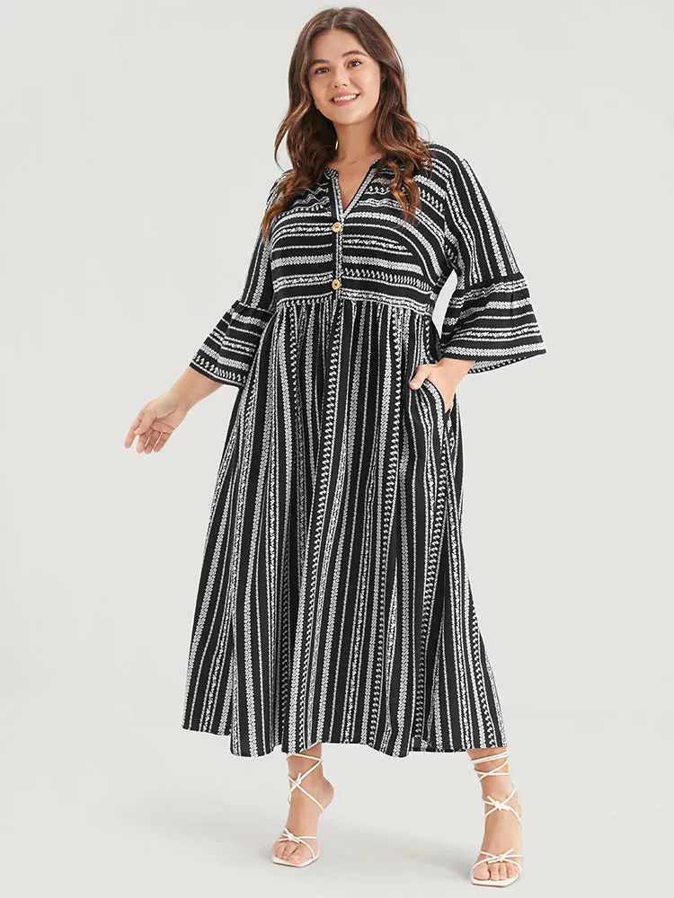 Striped Ruffles Button Pocket Bell Sleeve Maxi Dress sold by Bloomchic