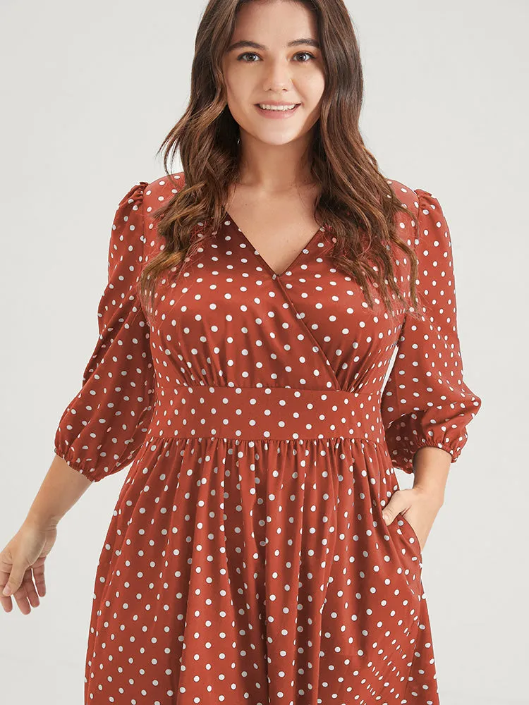 Button Pocket Ruffles Lantern Sleeve Shirred Wrap Polka Dot Dress sold by Bloomchic product image thumbnail 4