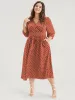 Button Pocket Ruffles Lantern Sleeve Shirred Wrap Polka Dot Dress sold by Bloomchic