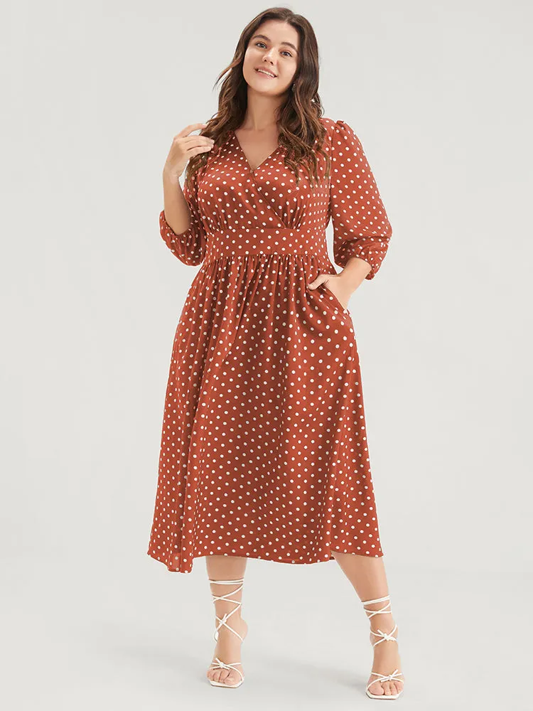 Button Pocket Ruffles Lantern Sleeve Shirred Wrap Polka Dot Dress sold by Bloomchic