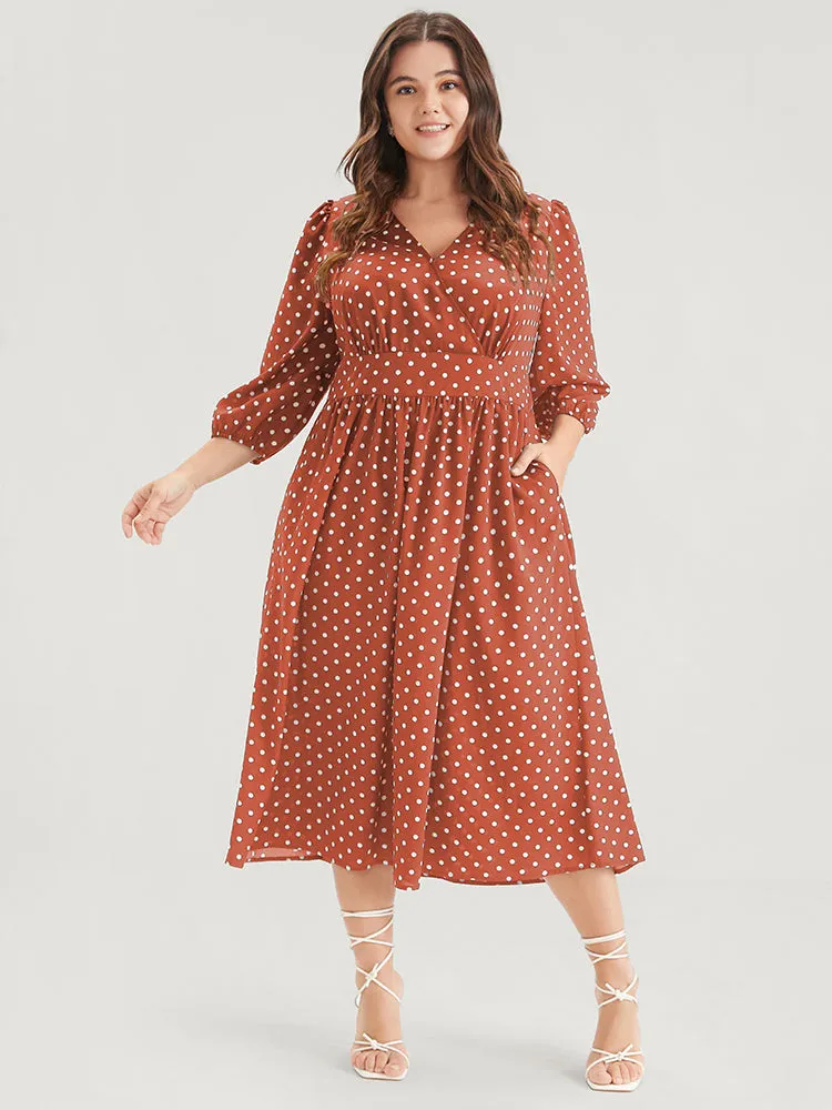 Button Pocket Ruffles Lantern Sleeve Shirred Wrap Polka Dot Dress sold by Bloomchic product image thumbnail 3