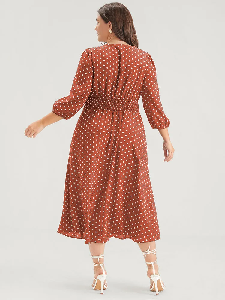 Button Pocket Ruffles Lantern Sleeve Shirred Wrap Polka Dot Dress sold by Bloomchic product image thumbnail 5