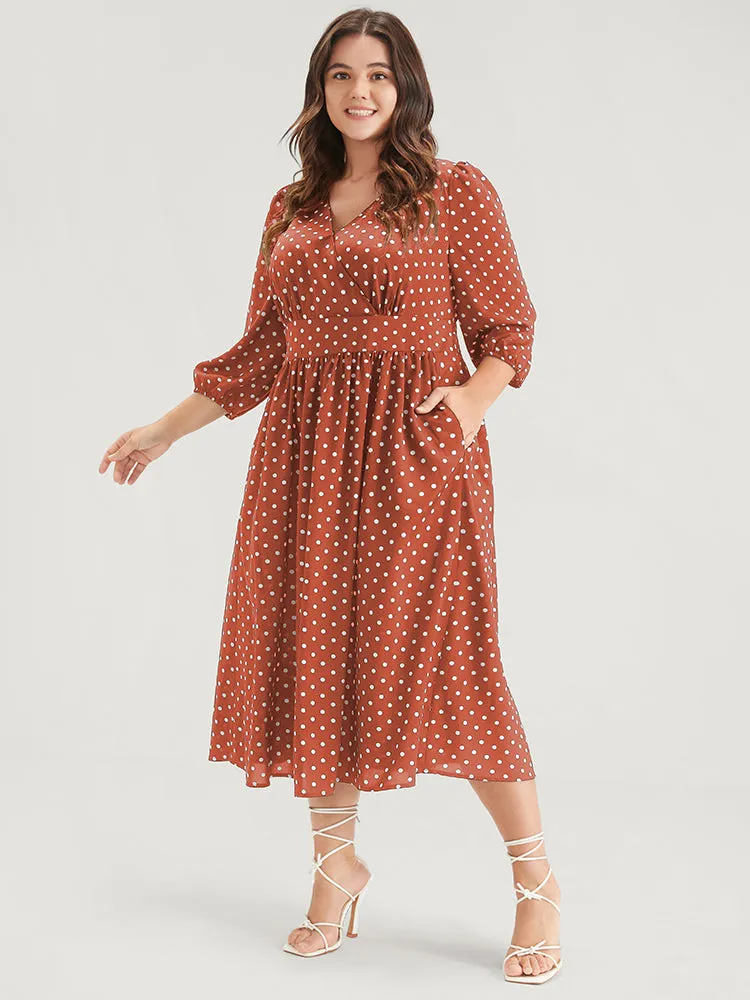 Button Pocket Ruffles Lantern Sleeve Shirred Wrap Polka Dot Dress sold by Bloomchic product image thumbnail 2