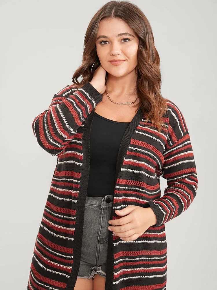 Striped Contrast Pointelle Knit Pocket Open Front Long Cardigan sold by Bloomchic product image thumbnail 4