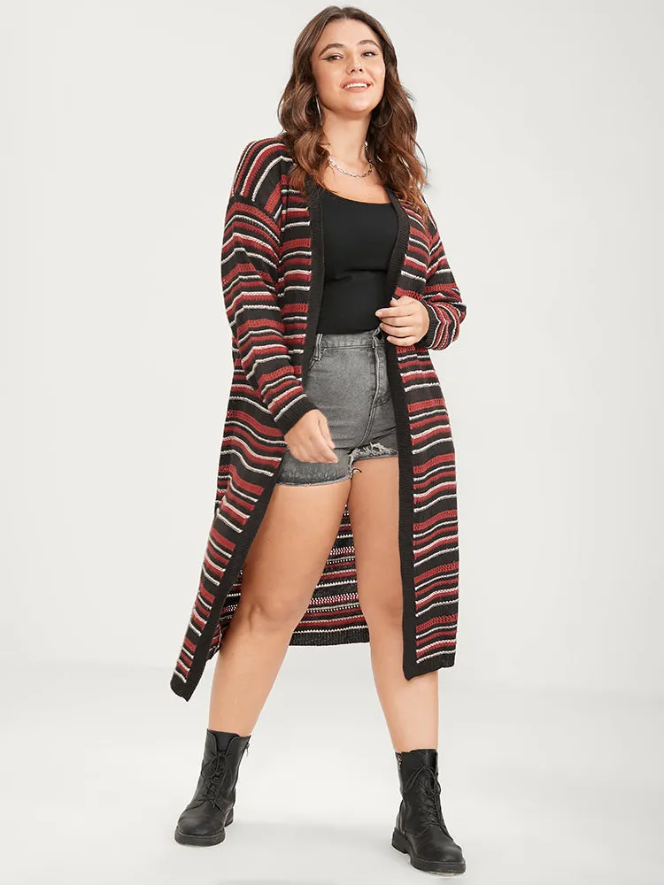 Striped Contrast Pointelle Knit Pocket Open Front Long Cardigan sold by Bloomchic