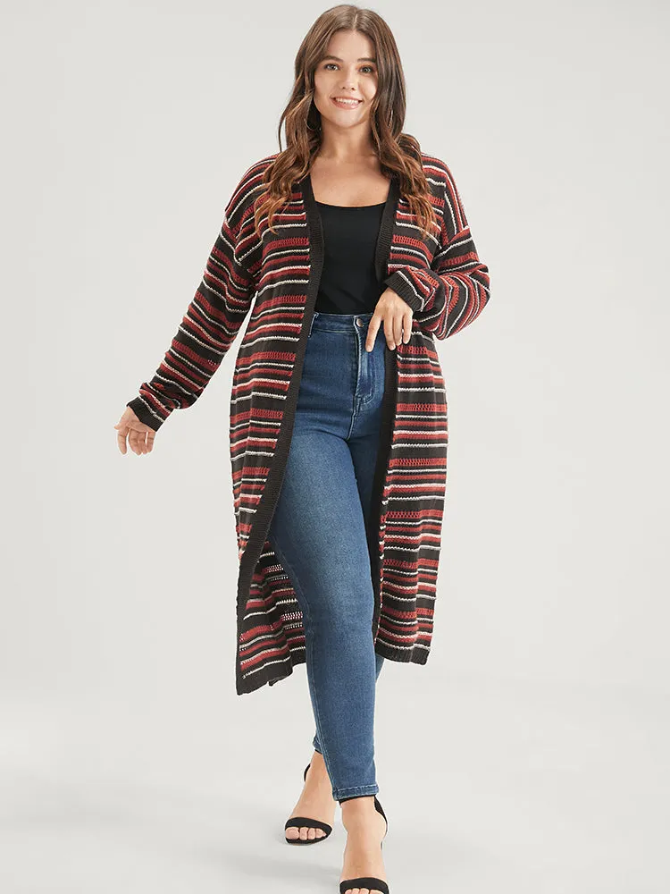 Striped Contrast Pointelle Knit Pocket Open Front Long Cardigan sold by Bloomchic product image thumbnail 5