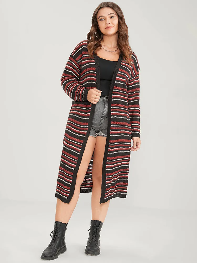 Striped Contrast Pointelle Knit Pocket Open Front Long Cardigan sold by Bloomchic product image thumbnail 2