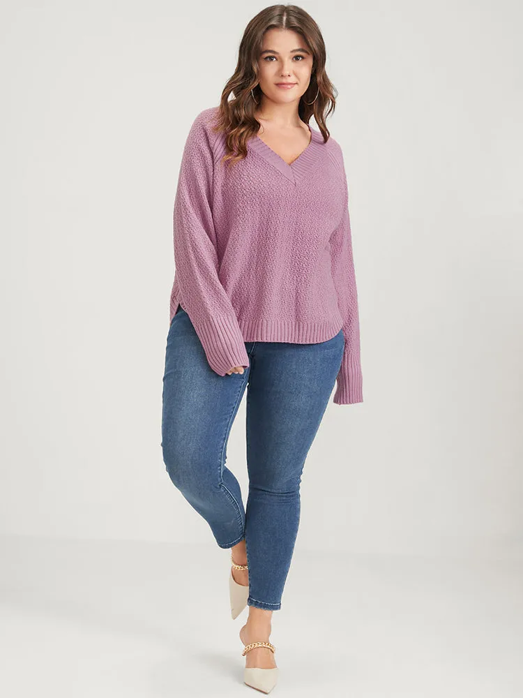 Plain Solid Split Arc Hem V Neck Sweater sold by Bloomchic