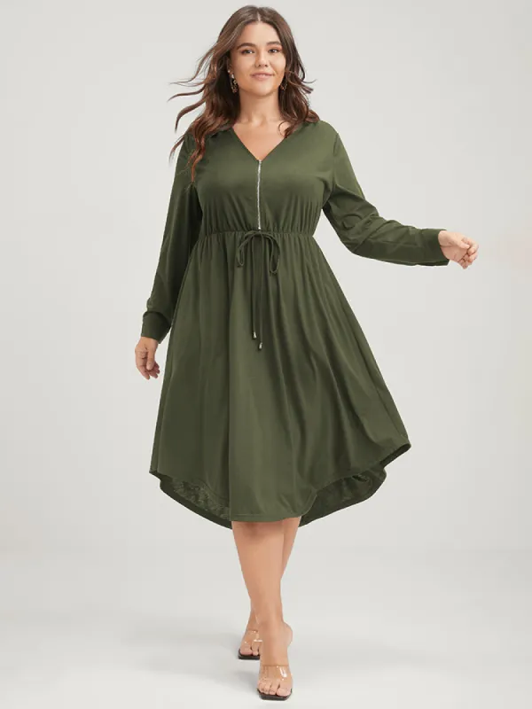Solid Zipper Pocket Flutter Drawstring  Asymmetrical Hem Dress sold by Bloomchic
