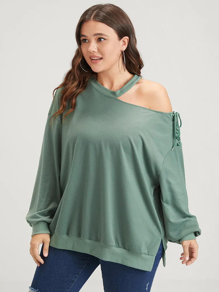 Plain Lace Up Asymmetrical One Shoulder Sweatshirt sold by Bloomchic