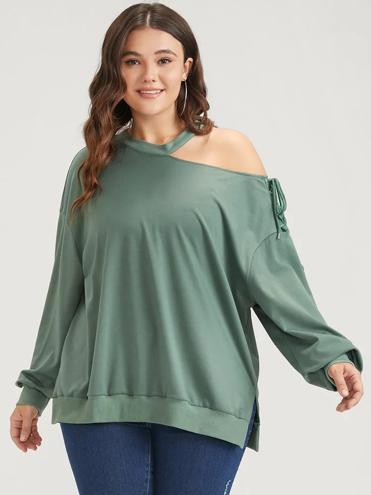Plain Lace Up Asymmetrical One Shoulder Sweatshirt sold by Bloomchic product image thumbnail 3