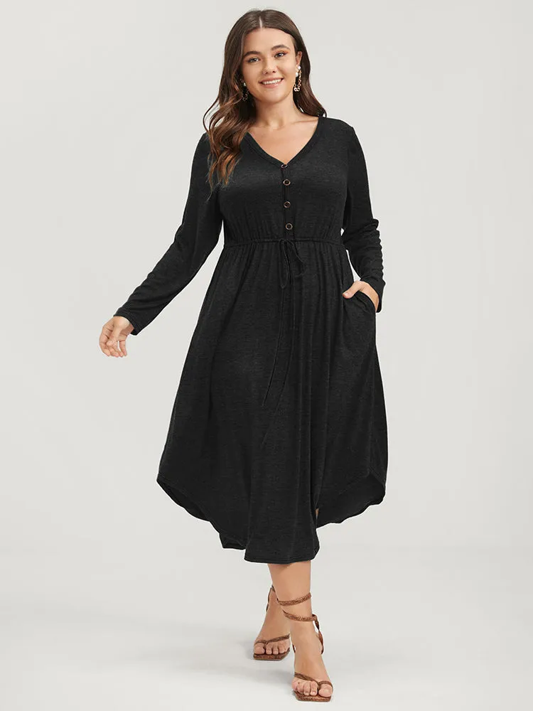 Solid Pocket Button Asymmetrical Hem Ties Midi Dress sold by Bloomchic