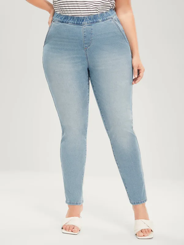 Mom Jeans Straight Very Stretchy Mid Rise Light Wash Jeans sold by Bloomchic