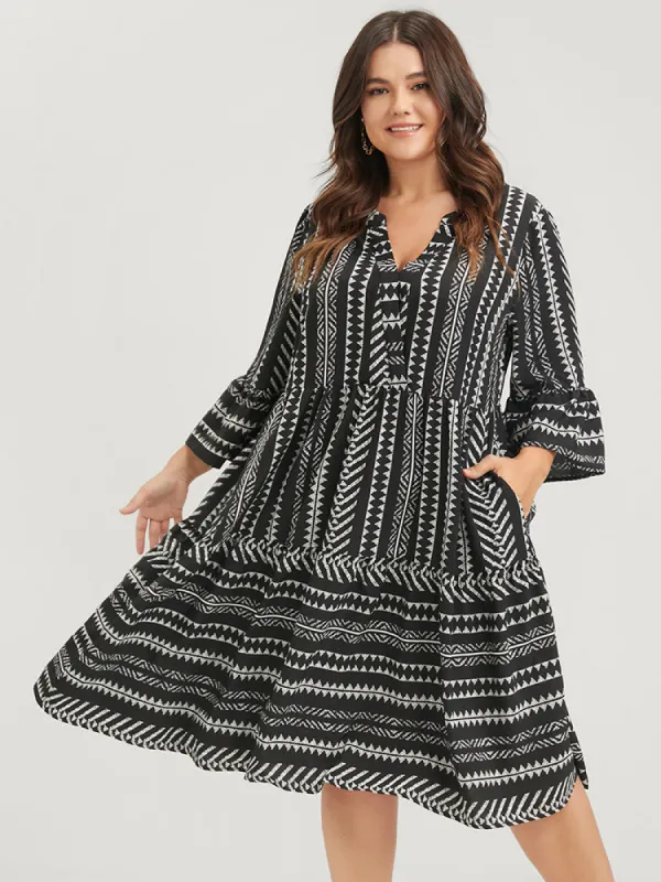 Bloom Dress -Geometric Pocket Ruffles V Neck Knee Dress sold by Bloomchic