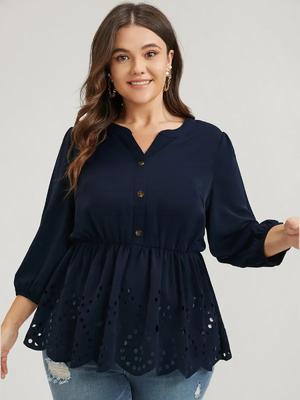 Solid Cut Out Ruffles Button Lantern Sleeve Blouse sold by Bloomchic