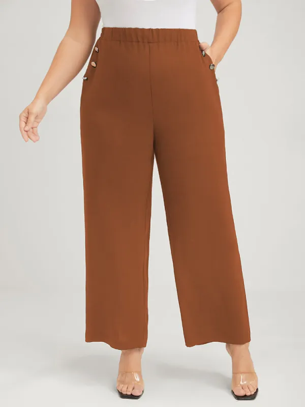 Solid Pocket Button Detail Elastic Waist Pants sold by Bloomchic