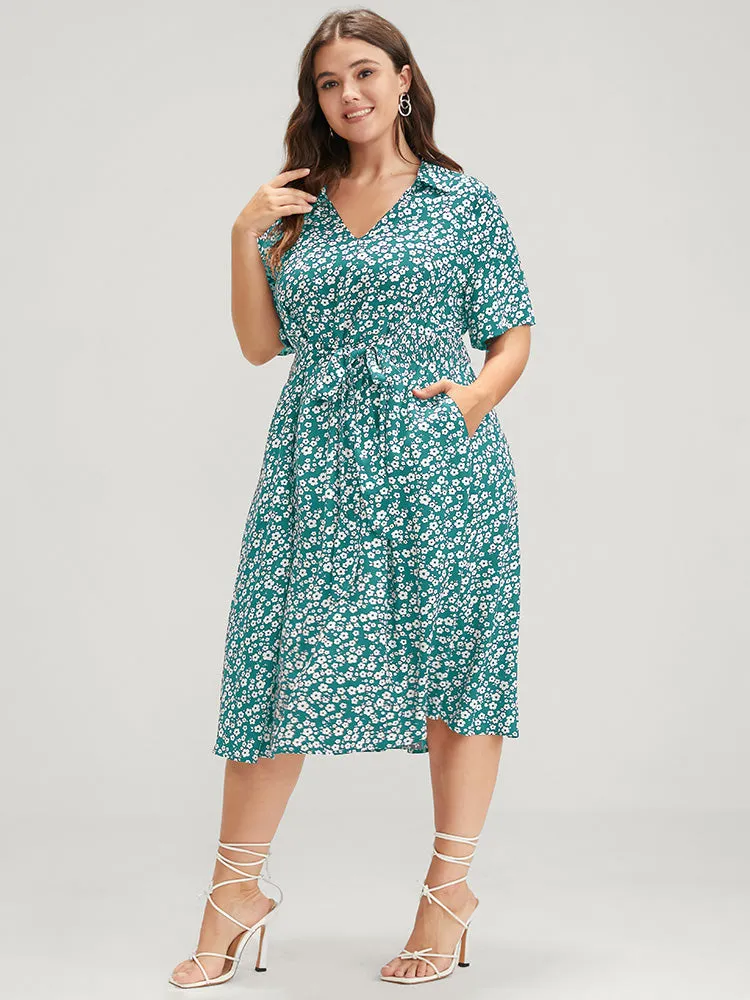Floral Knotted Pocket Shirred Midi Dress sold by Bloomchic