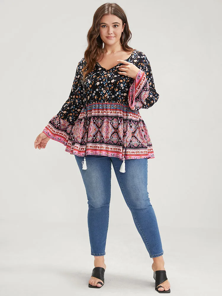 Floral Tie Neck Button Front Flutter Blouse sold by Bloomchic product image thumbnail 4