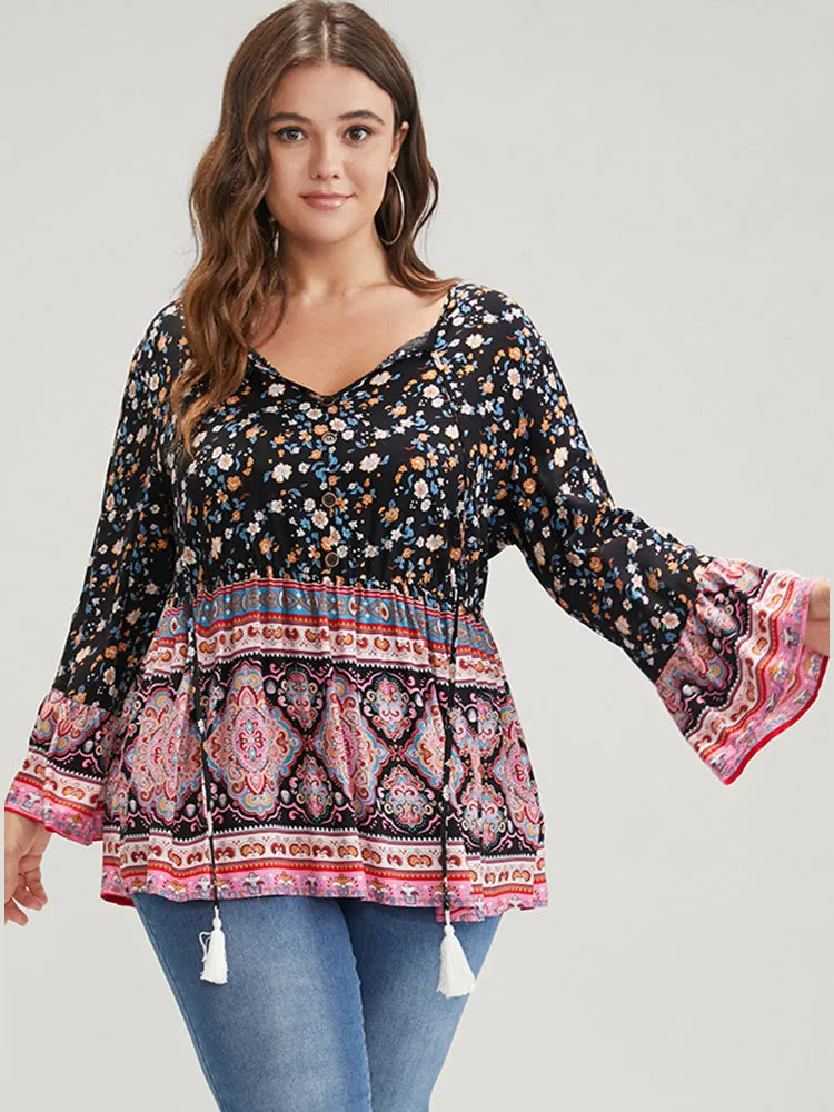 Floral Tie Neck Button Front Flutter Blouse sold by Bloomchic