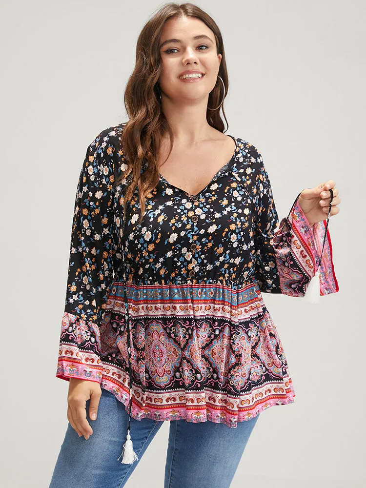 Floral Tie Neck Button Front Flutter Blouse sold by Bloomchic product image thumbnail 2