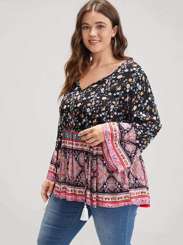 Floral Tie Neck Button Front Flutter Blouse sold by Bloomchic product image thumbnail 5