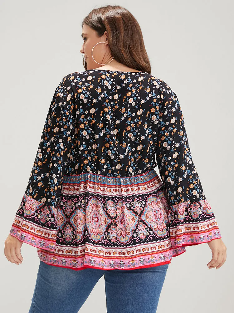 Floral Tie Neck Button Front Flutter Blouse sold by Bloomchic product image thumbnail 3