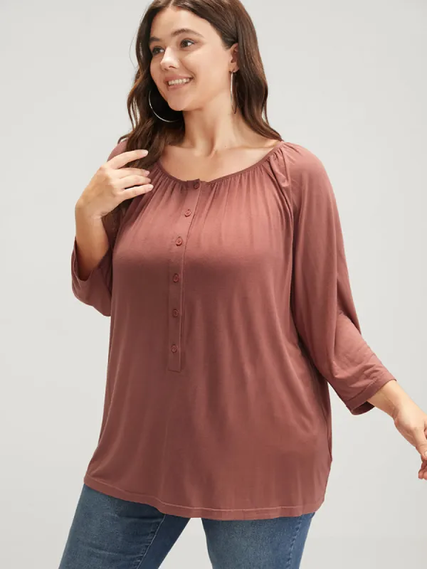 Plain Round Neck Button Modal T-shirt sold by Bloomchic