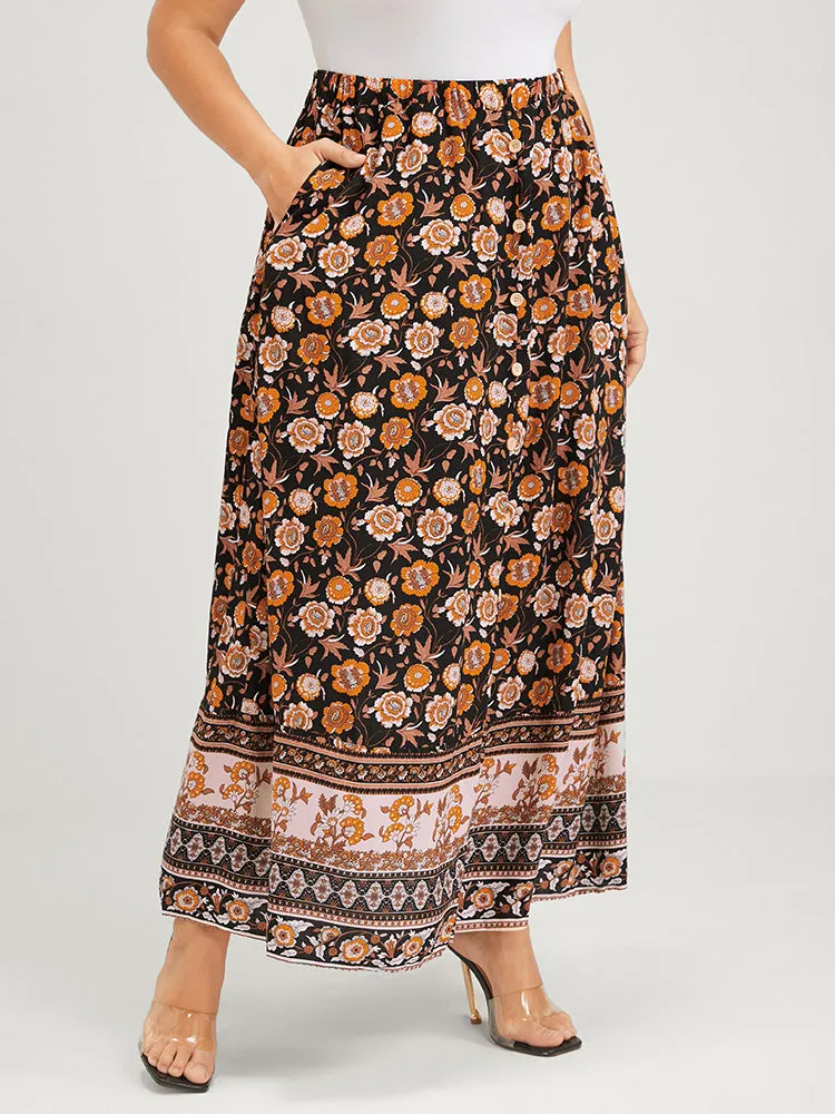 Floral Elastic Waist Button Pocket Split Skirt sold by Bloomchic product image thumbnail 4