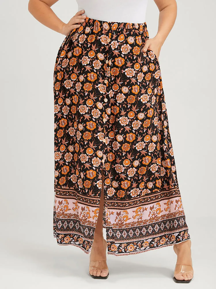 Floral Elastic Waist Button Pocket Split Skirt sold by Bloomchic product image thumbnail 2