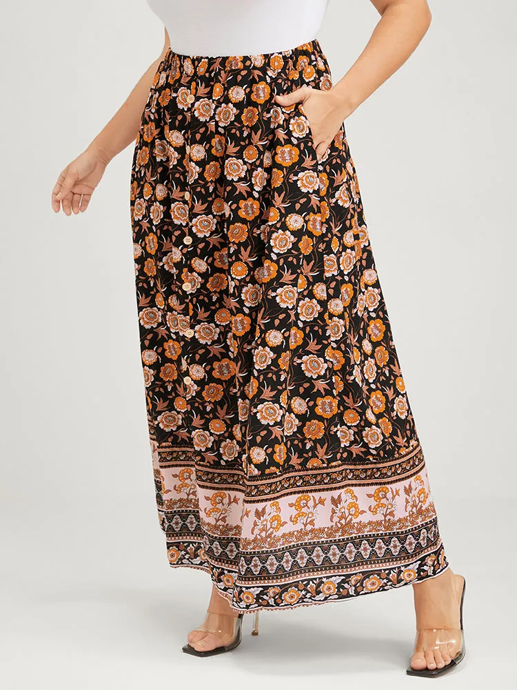 Floral Elastic Waist Button Pocket Split Skirt sold by Bloomchic product image thumbnail 5