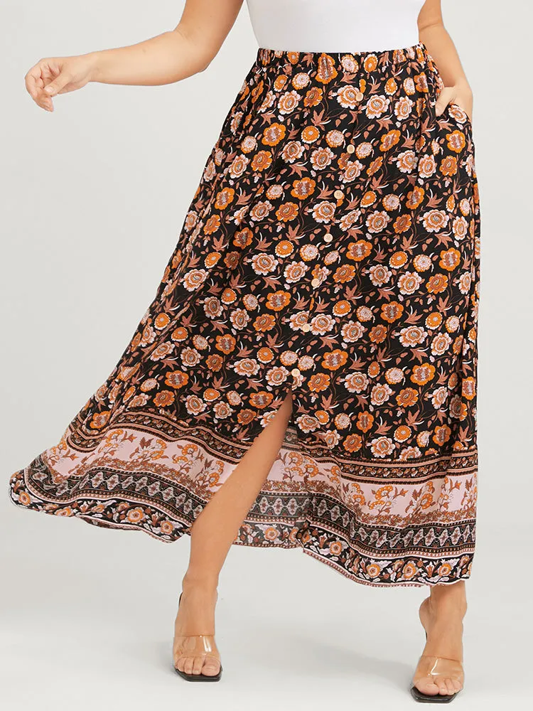 Floral Elastic Waist Button Pocket Split Skirt sold by Bloomchic product image thumbnail 3