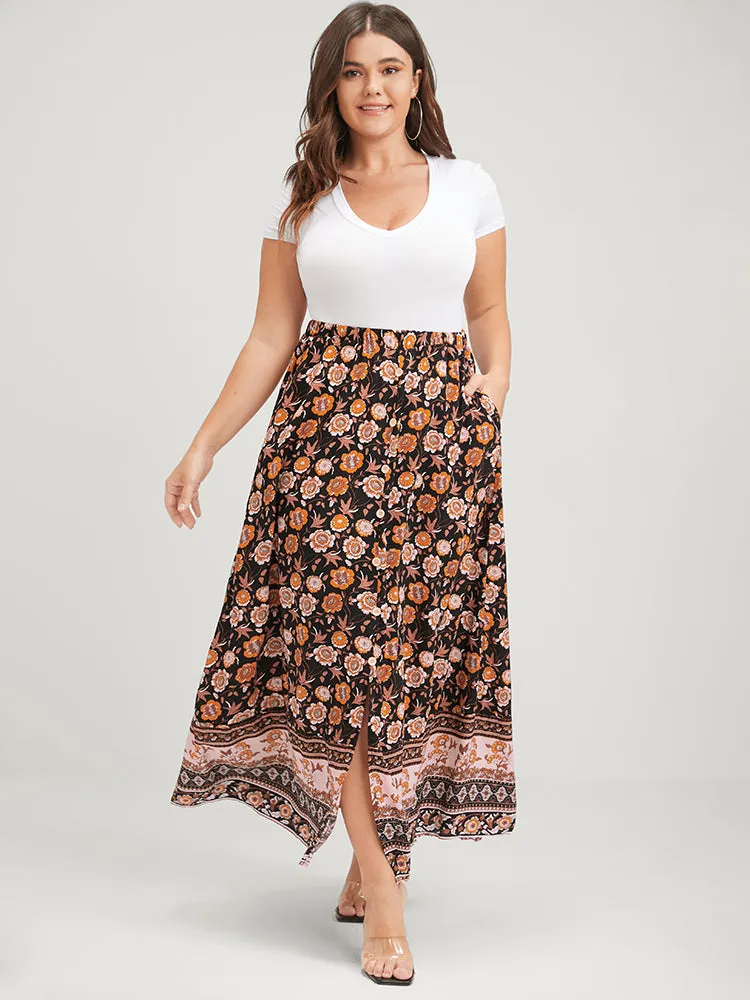 Floral Elastic Waist Button Pocket Split Skirt sold by Bloomchic