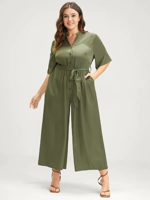 Solid Pocket Button Belted Jumpsuit sold by Bloomchic