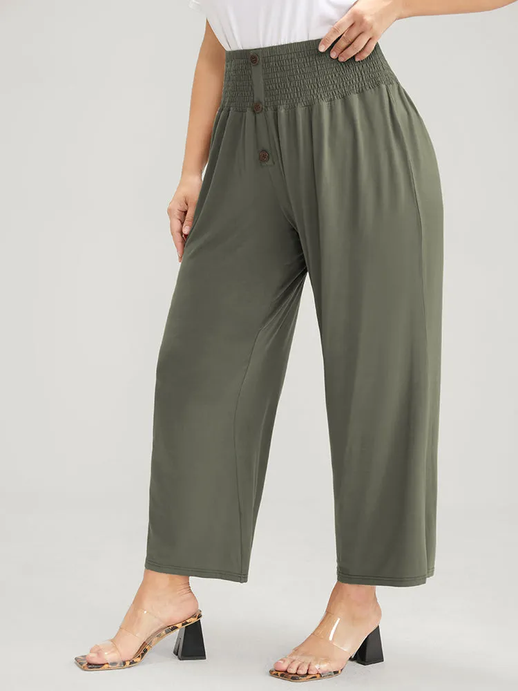 Plain Button Shirred Modal Elastic Waist Regular Pants sold by Bloomchic product image thumbnail 4