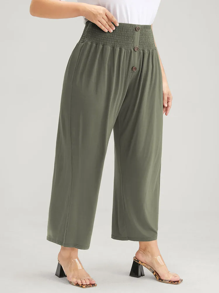 Plain Button Shirred Modal Elastic Waist Regular Pants sold by Bloomchic