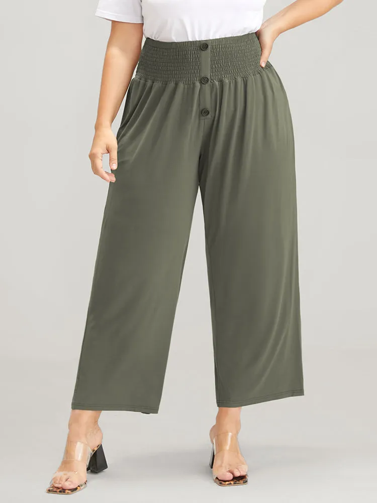 Plain Button Shirred Modal Elastic Waist Regular Pants sold by Bloomchic product image thumbnail 3