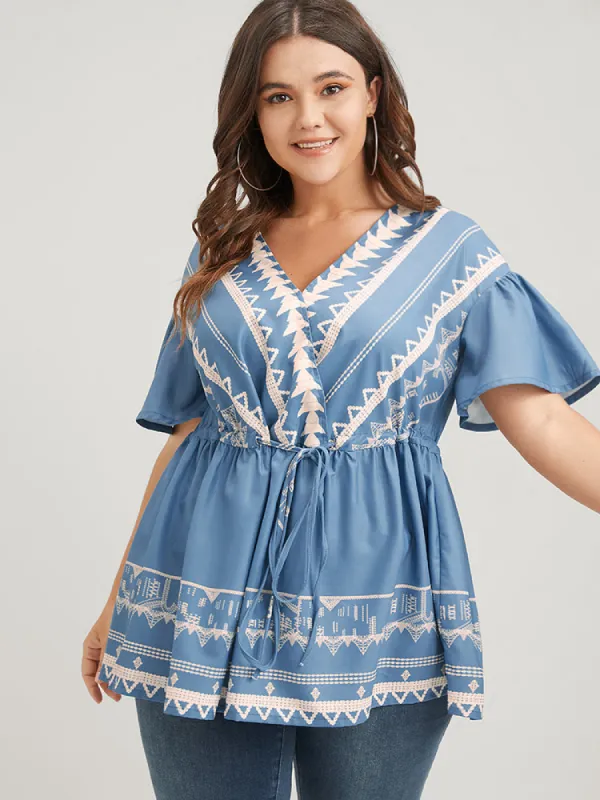 Bandana Ruffles Button Flutter Ties Wrap Blouse sold by Bloomchic