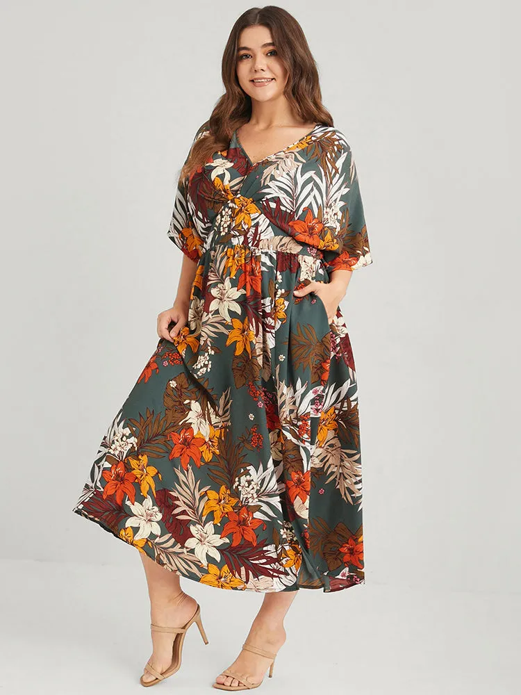 Floral V Neck Split Pleated Pocket Maxi Dress sold by Bloomchic