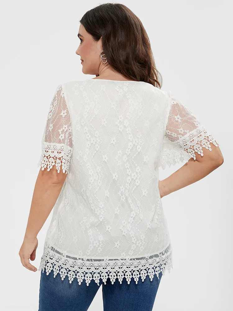 Solid V Neck Contrast Lace Mesh Blouse sold by Bloomchic product image thumbnail 4