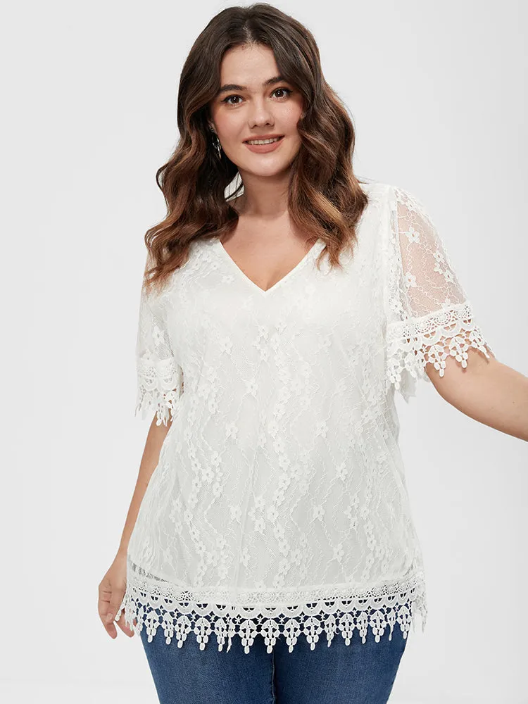 Solid V Neck Contrast Lace Mesh Blouse sold by Bloomchic product image thumbnail 2