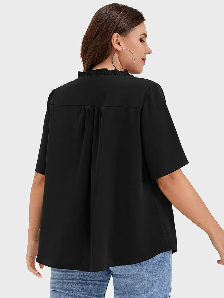 Solid Shirred Frill Trim Button Notched Neck Blouse sold by Bloomchic product image thumbnail 4