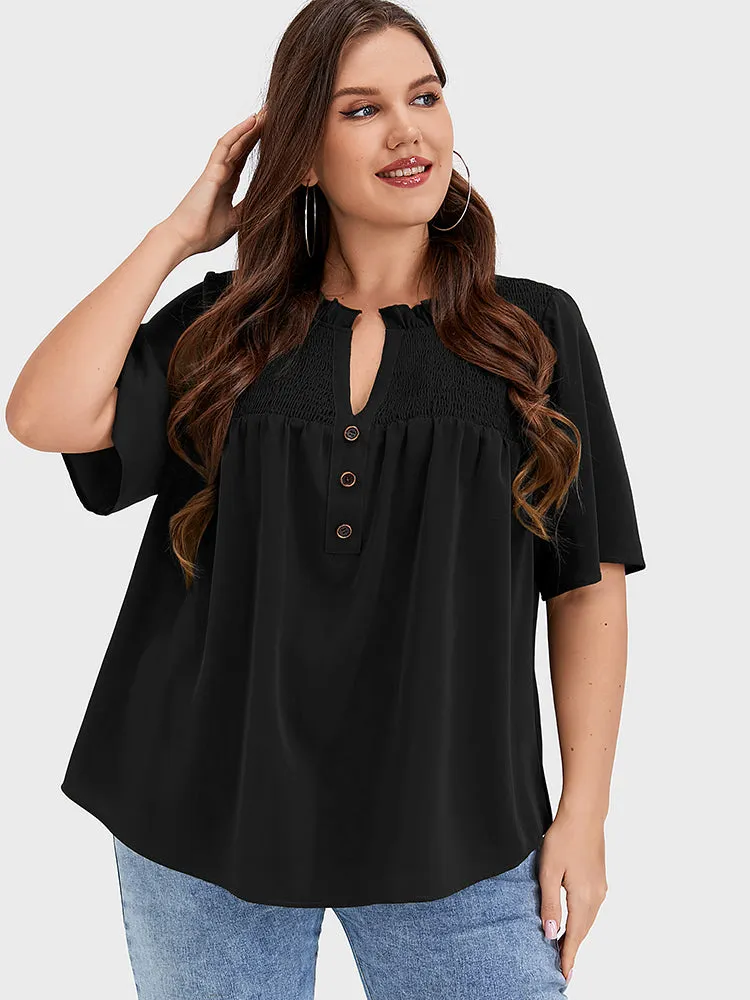Solid Shirred Frill Trim Button Notched Neck Blouse sold by Bloomchic