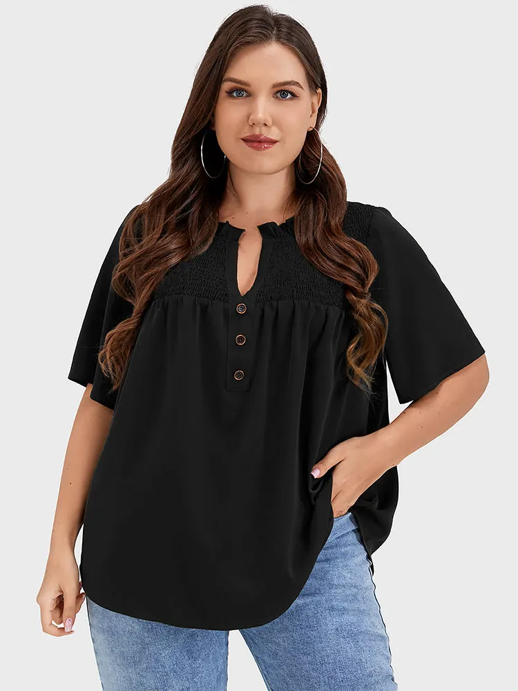 Solid Shirred Frill Trim Button Notched Neck Blouse sold by Bloomchic product image thumbnail 5