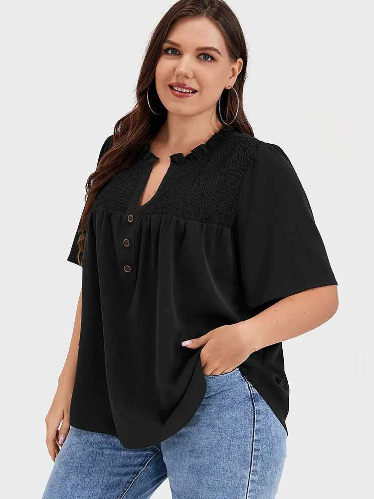 Solid Shirred Frill Trim Button Notched Neck Blouse sold by Bloomchic product image thumbnail 2